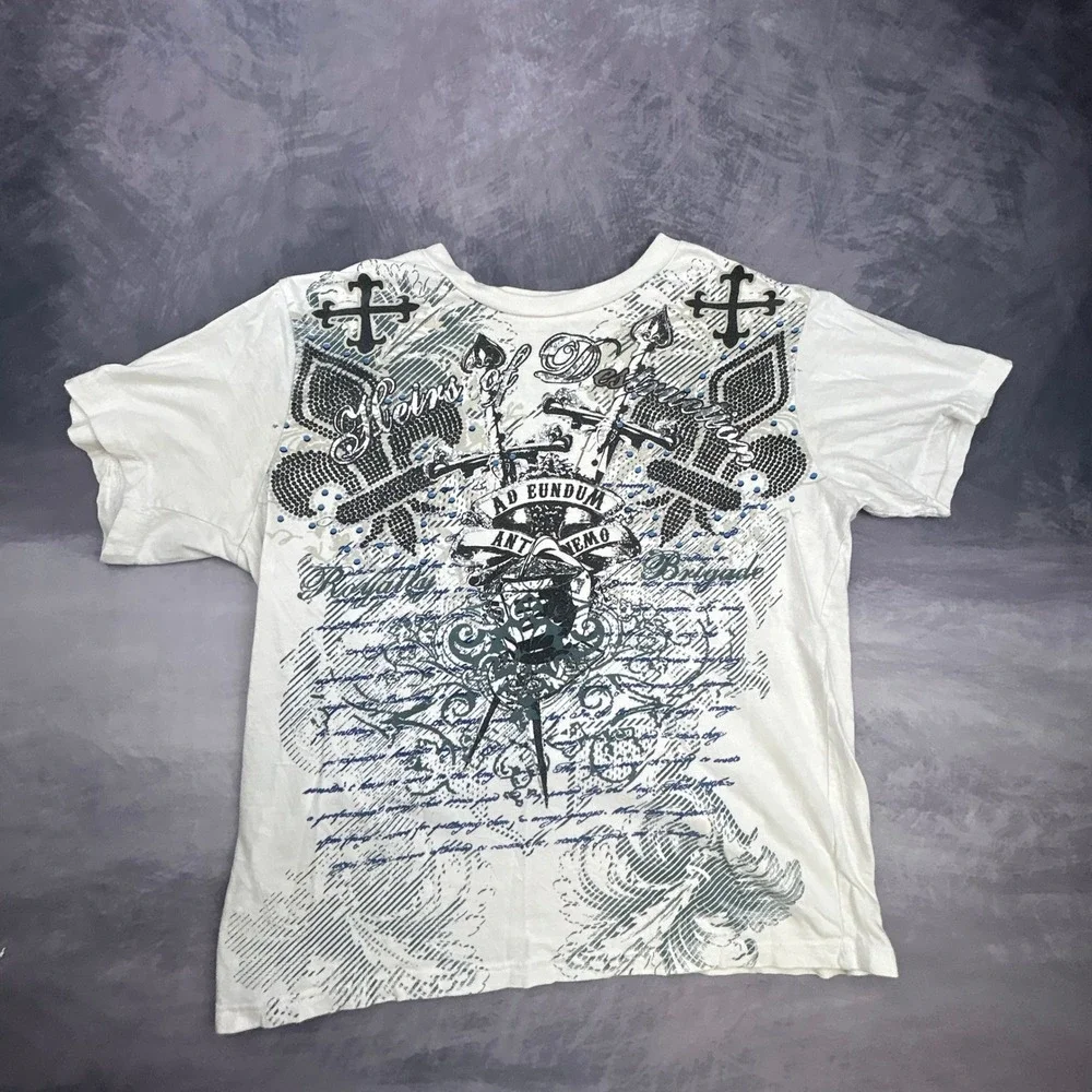 No Boundaries Y2K Graphic Tee White Cross Fleur De Lis Grunge Skater Shirt M